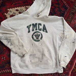 Extremely Distressed Vintage Lee YMCA Gray Hoodie with Green Logo